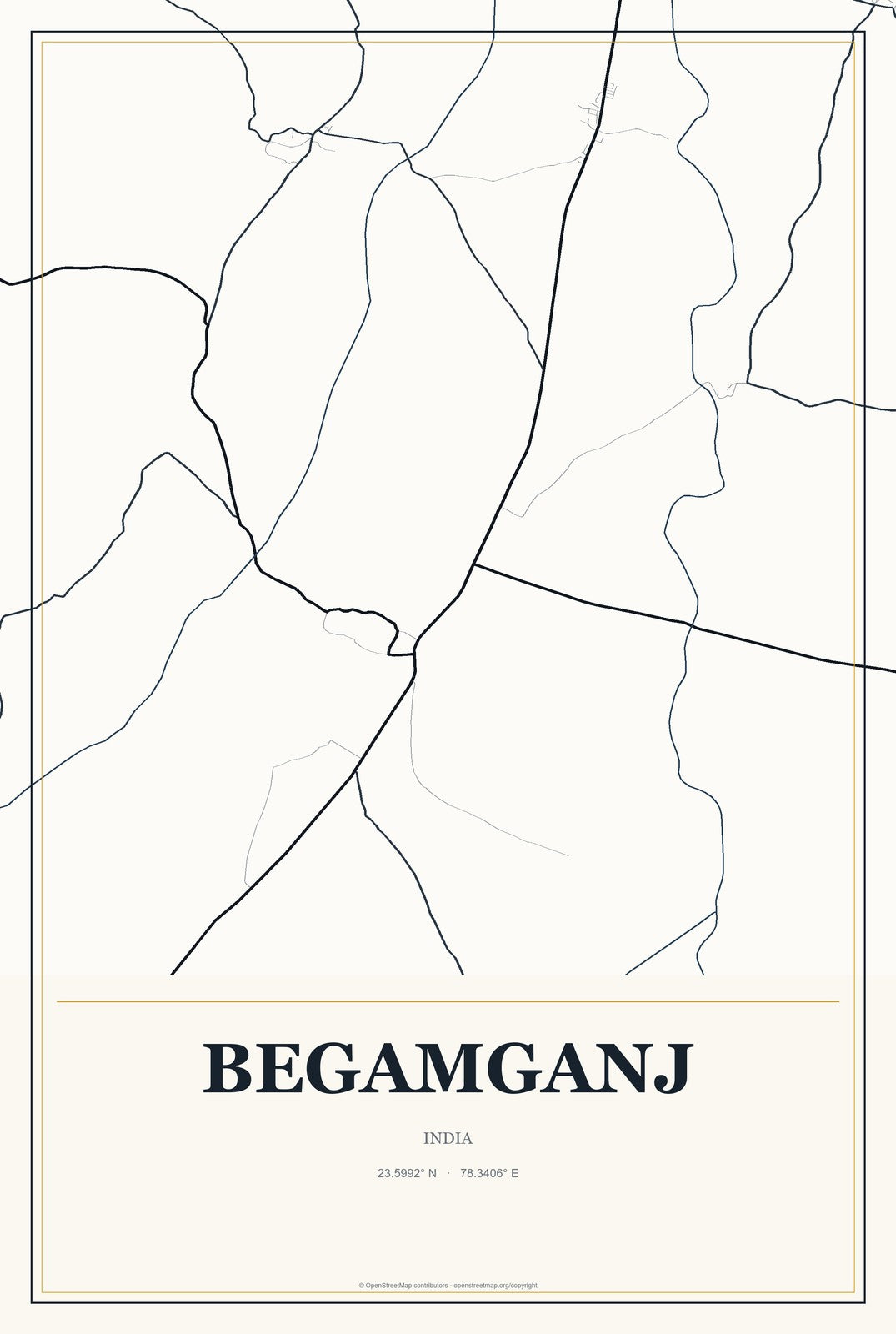 Begamganj, India City Map Aluminum Sign in Citrine Modern style