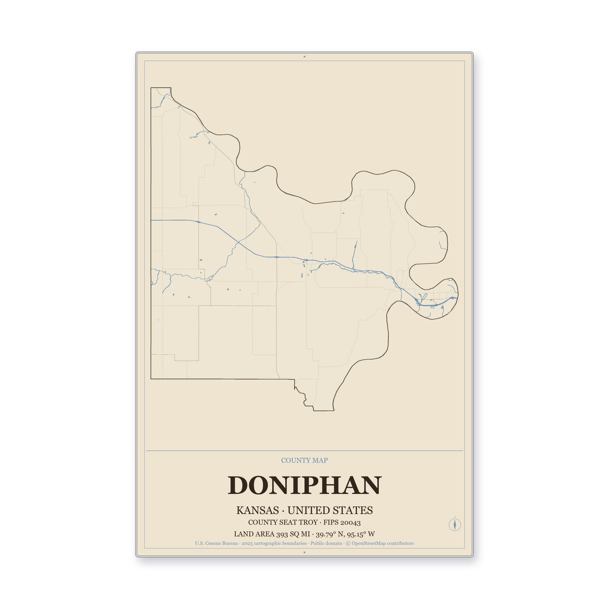 Doniphan County, Kansas Map Aluminum Sign in Heritage Nautical style