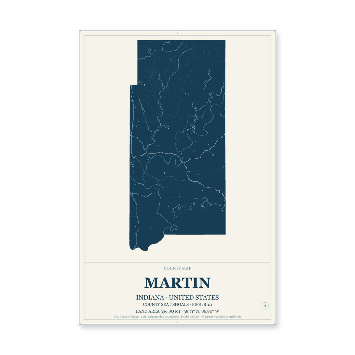 Martin County, Indiana Map Aluminum Sign in Coastal Cutout style
