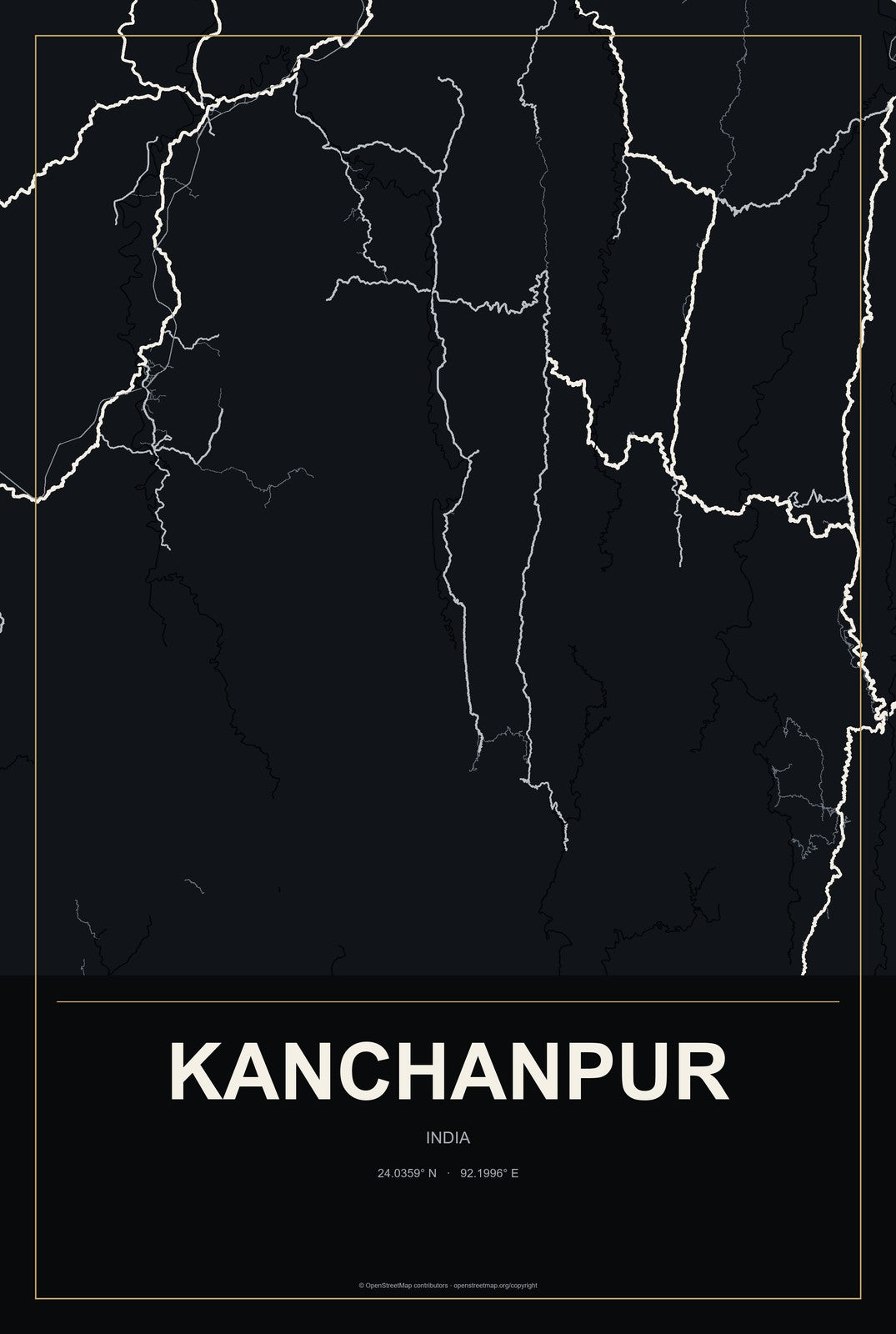 Kanchanpur, India City Map Aluminum Sign in Metropolitan Noir style