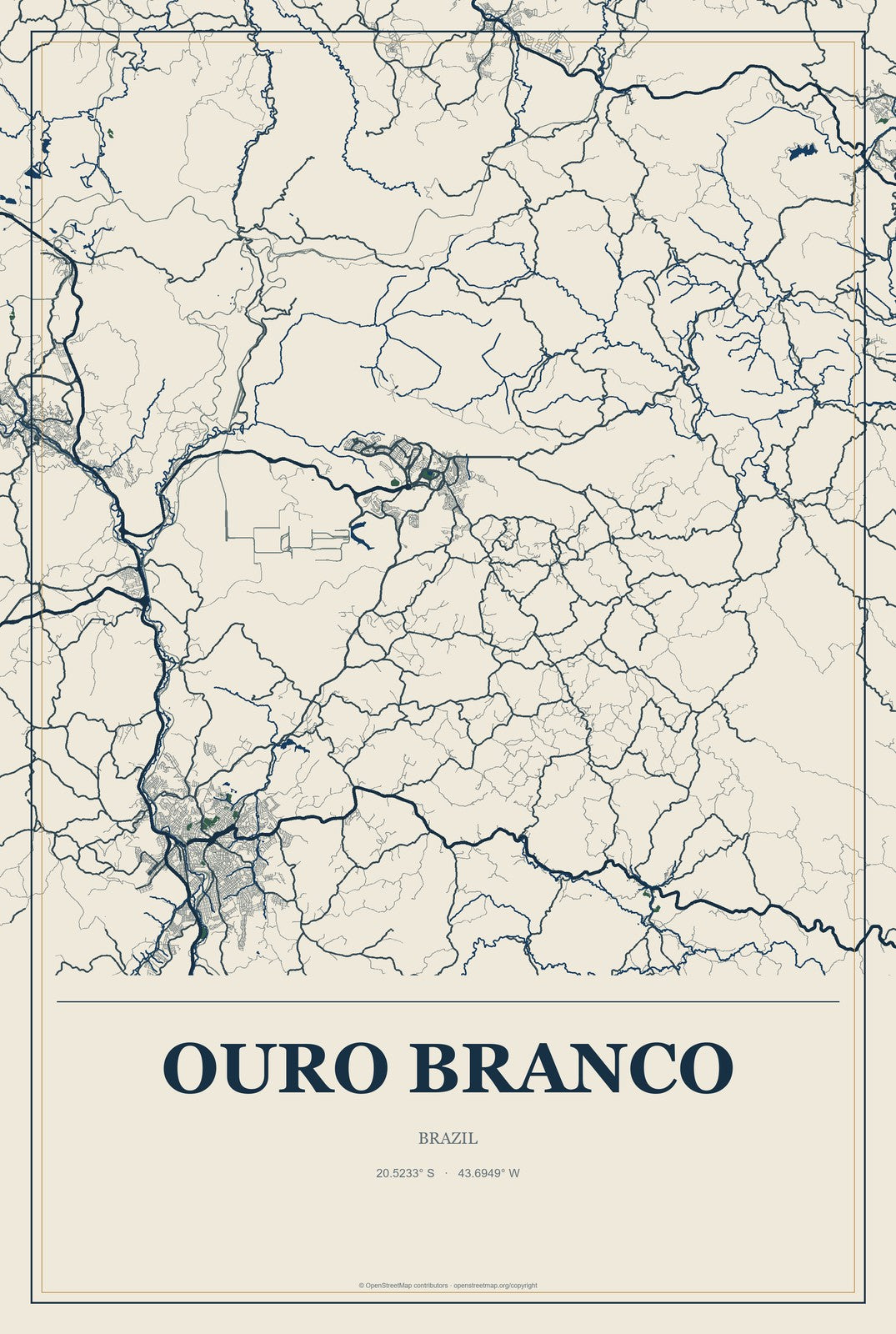 Ouro Branco, Minas Gerais, Brazil City Map Aluminum Sign in Coastal Cutout style