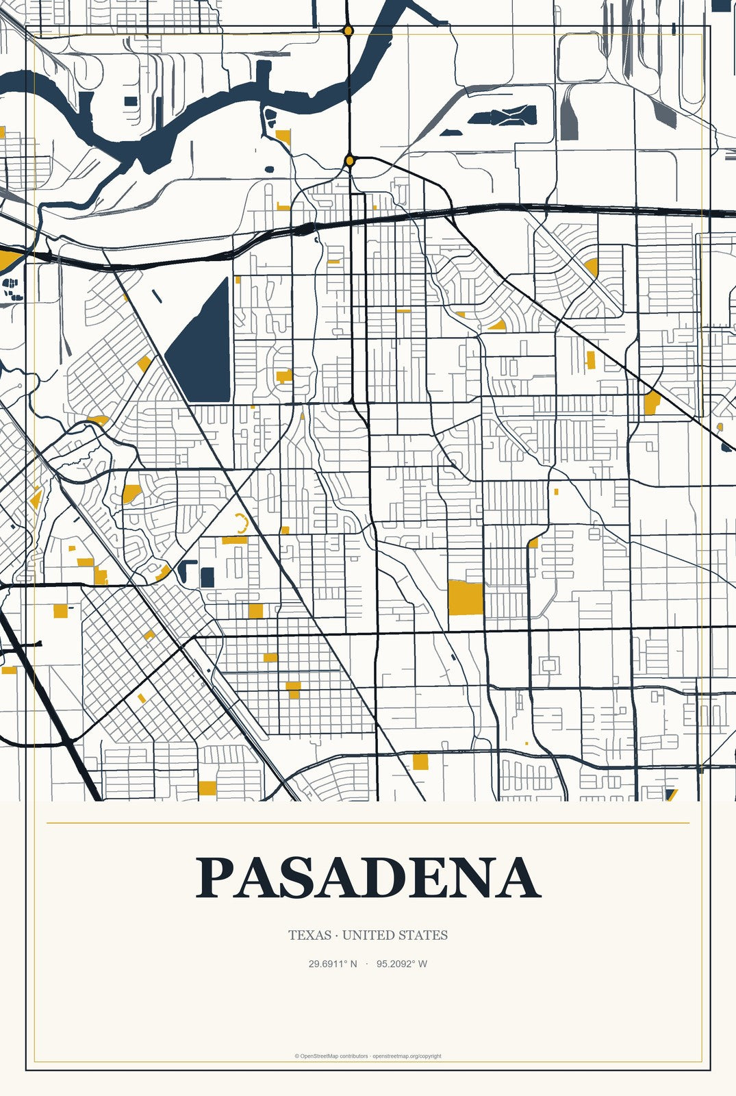 Pasadena, Texas City Map Aluminum Sign in Citrine Modern style