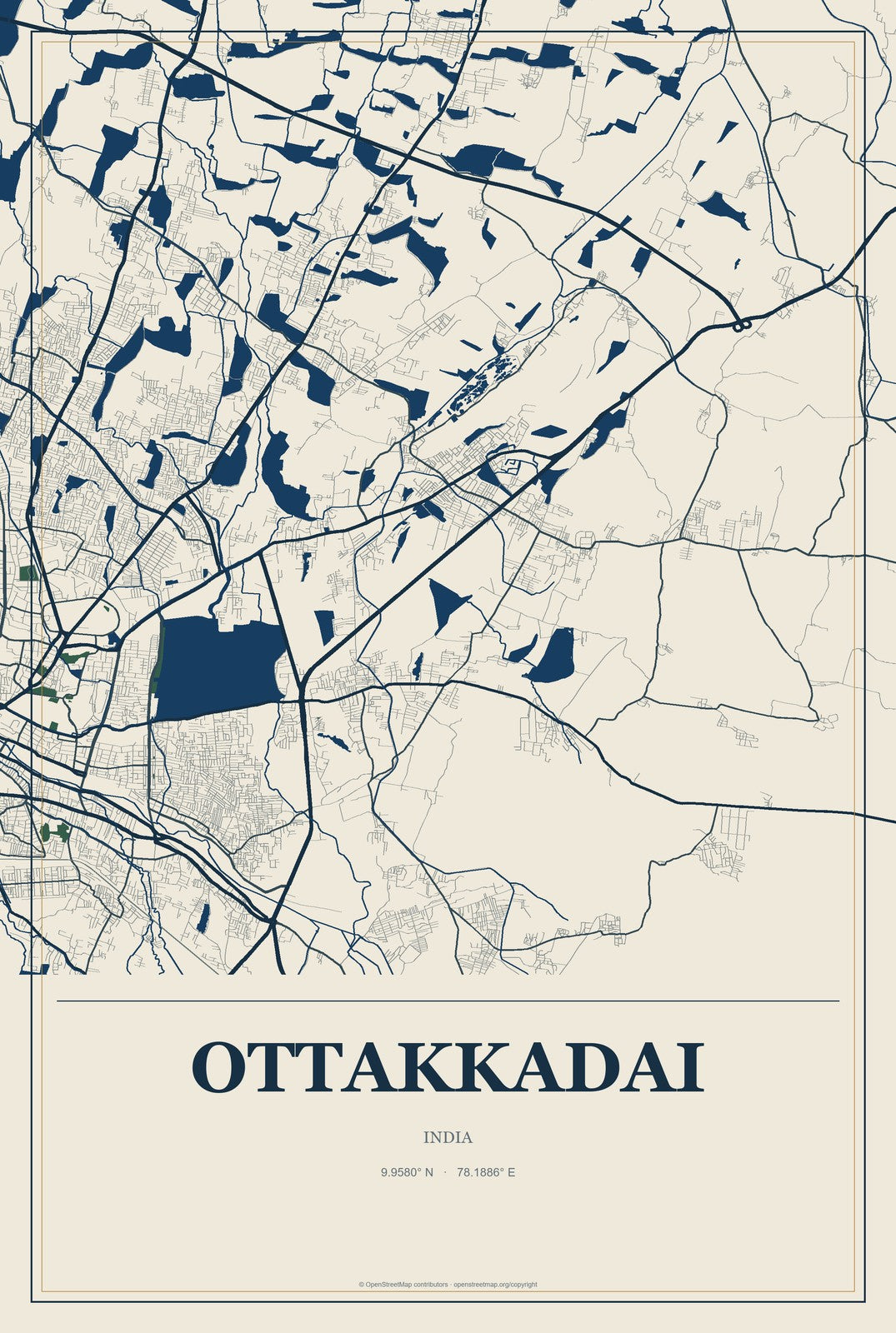 Ottakkadai, India City Map Aluminum Sign in Coastal Cutout style
