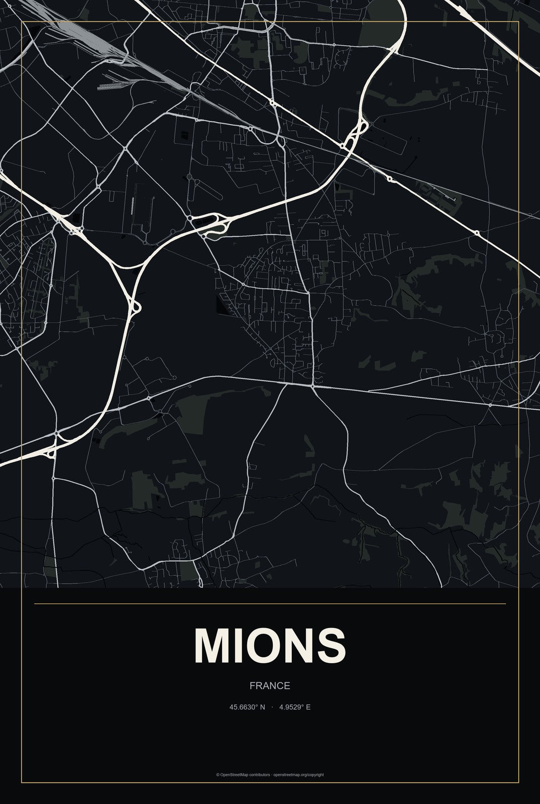 Mions, France City Map Aluminum Sign in Metropolitan Noir style