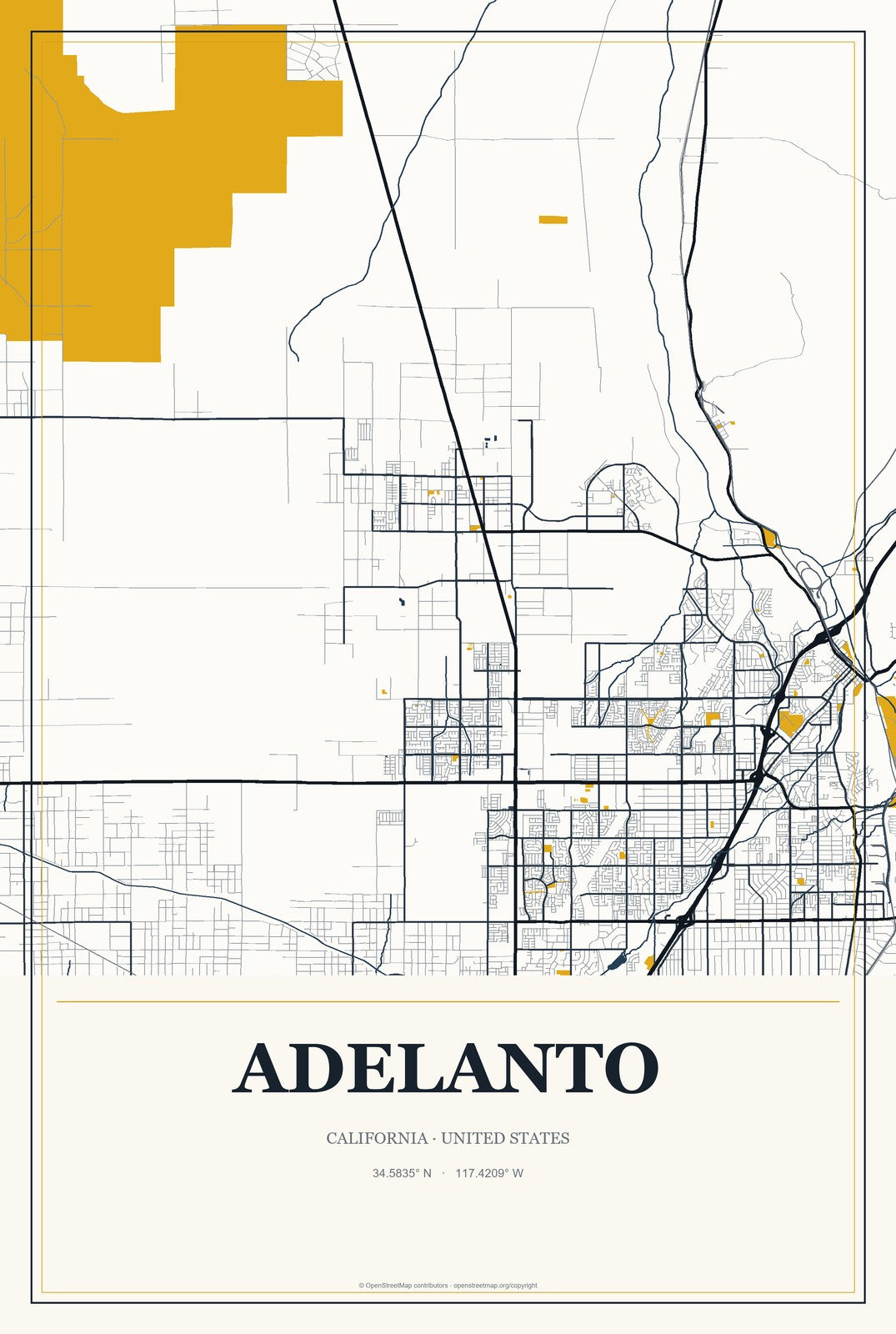 Adelanto, California City Map Aluminum Sign in Citrine Modern style