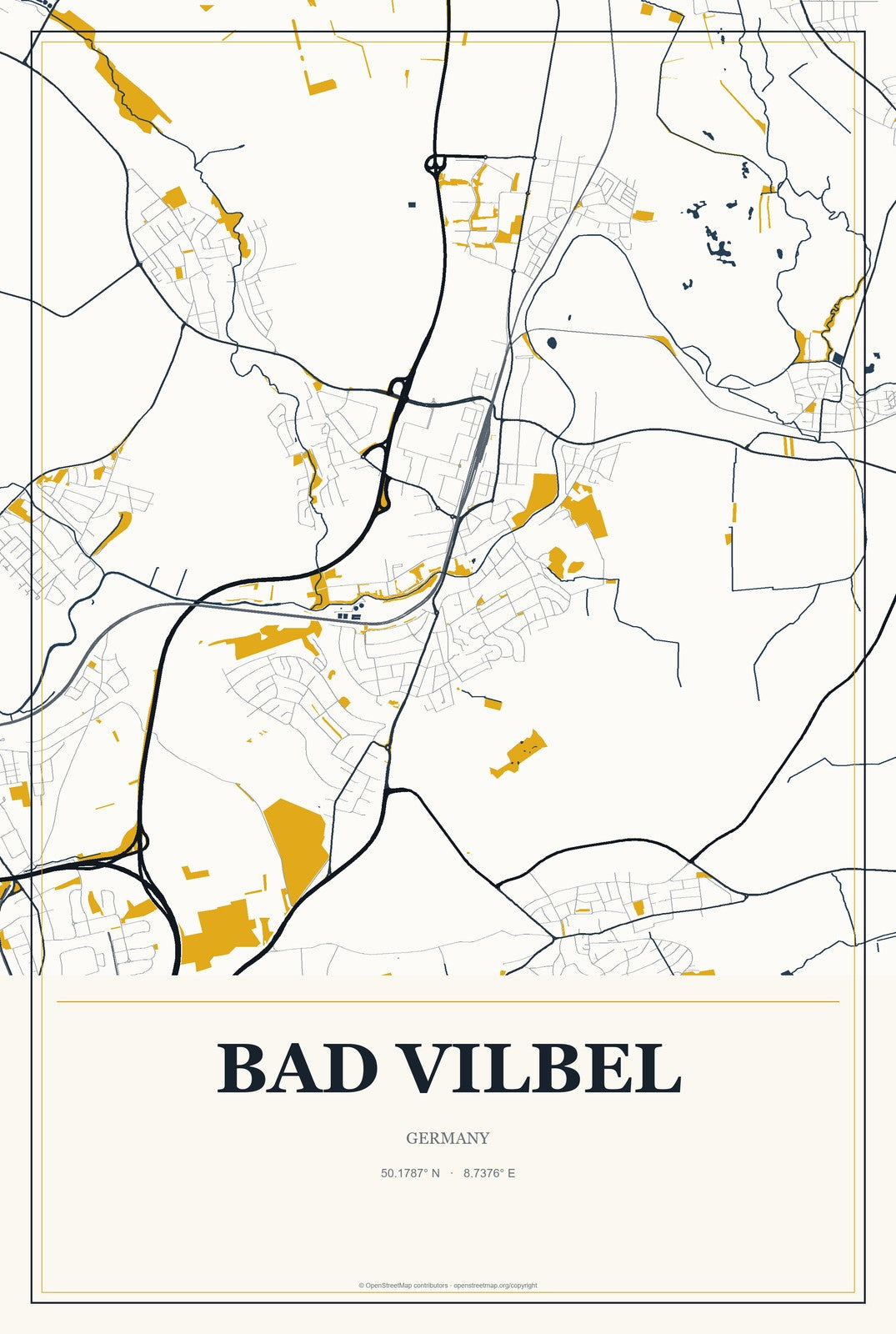 Bad Vilbel, Germany City Map Aluminum Sign in Citrine Modern style