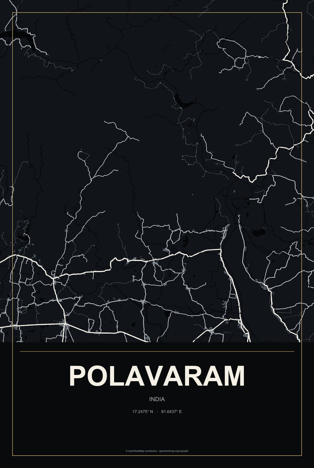 Polavaram, India City Map Aluminum Sign in Metropolitan Noir style