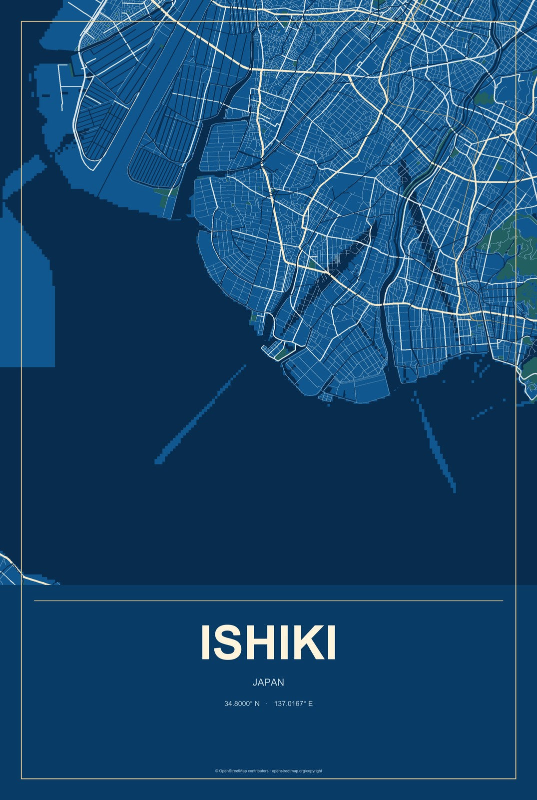 Ishiki, Japan City Map Aluminum Sign in Harbor Cobalt style