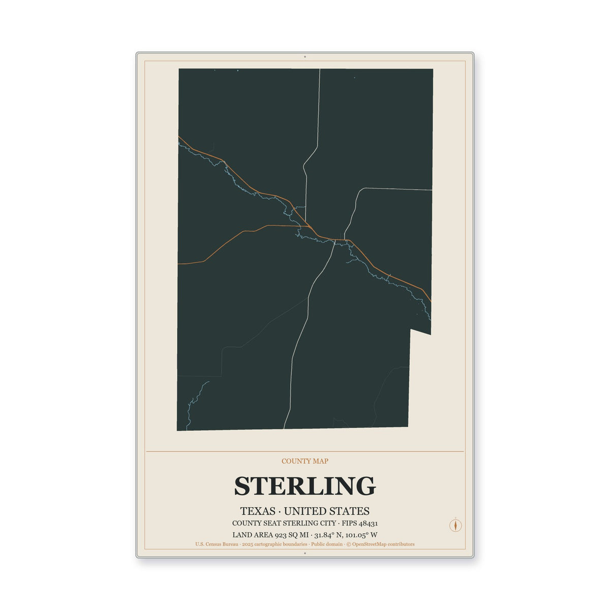 Sterling County, Texas Map Aluminum Sign in Headline Atlas style