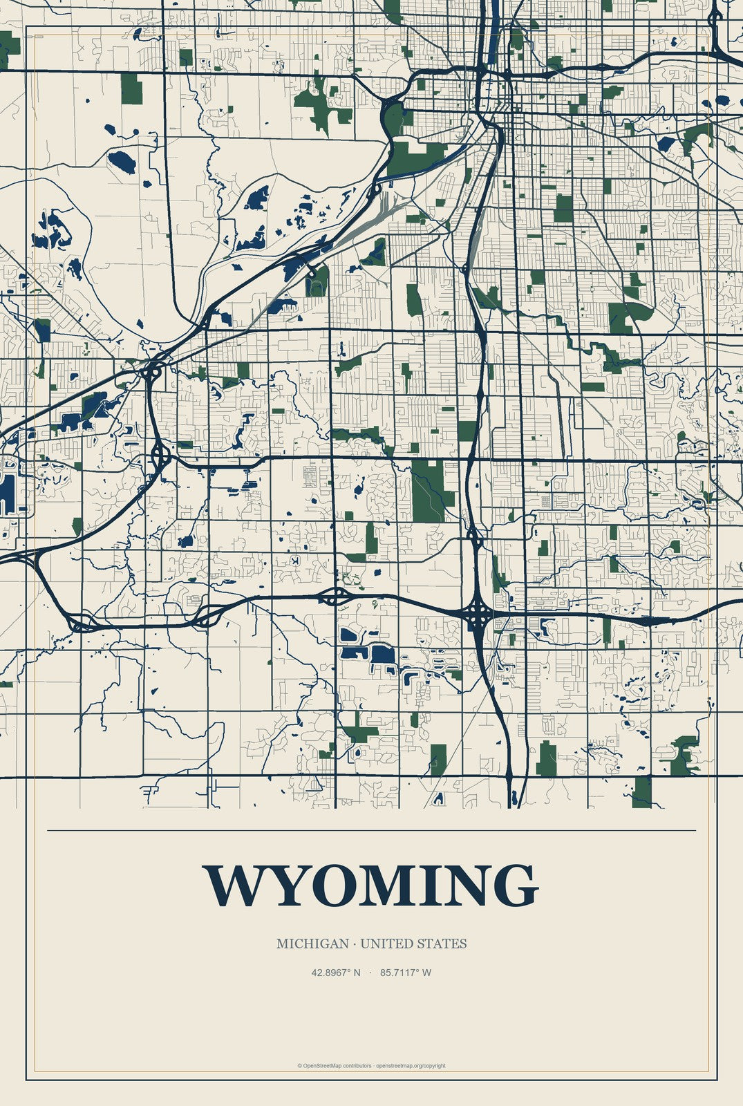 Wyoming, Michigan City Map Aluminum Sign in Coastal Cutout style