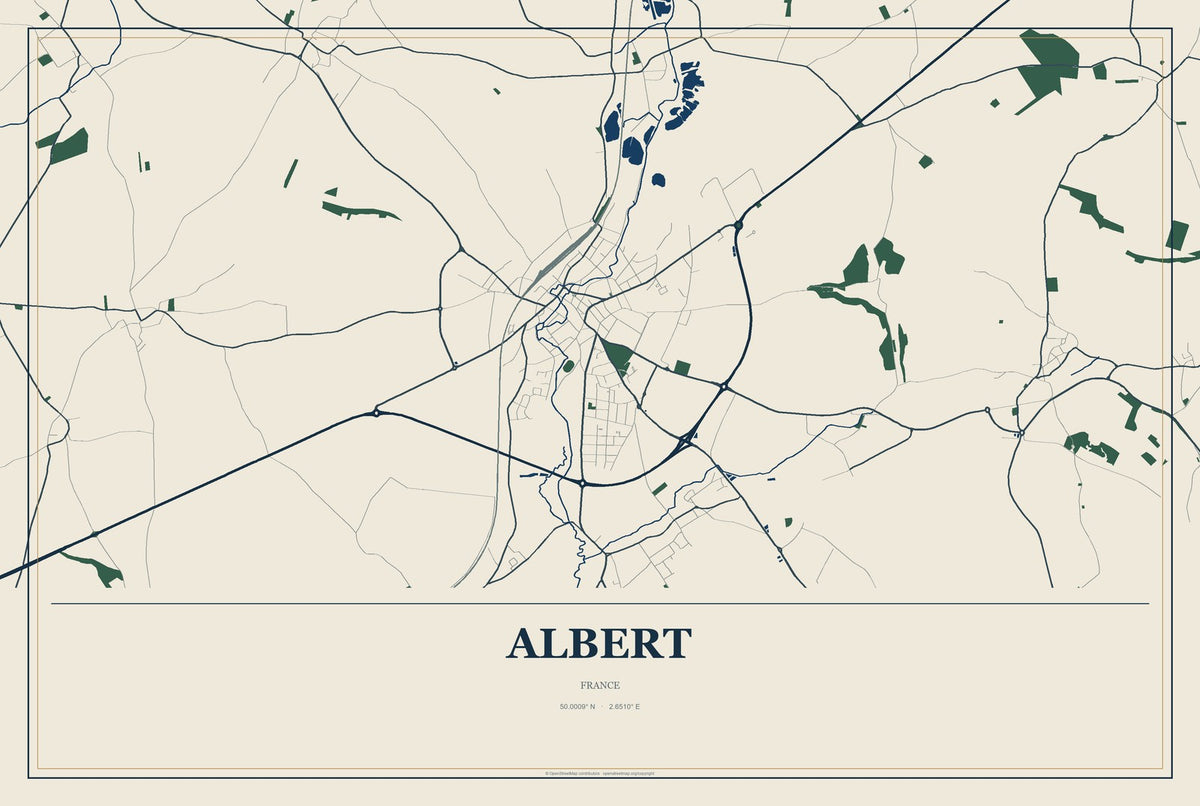 Albert, France City Map Aluminum Sign in Coastal Cutout style