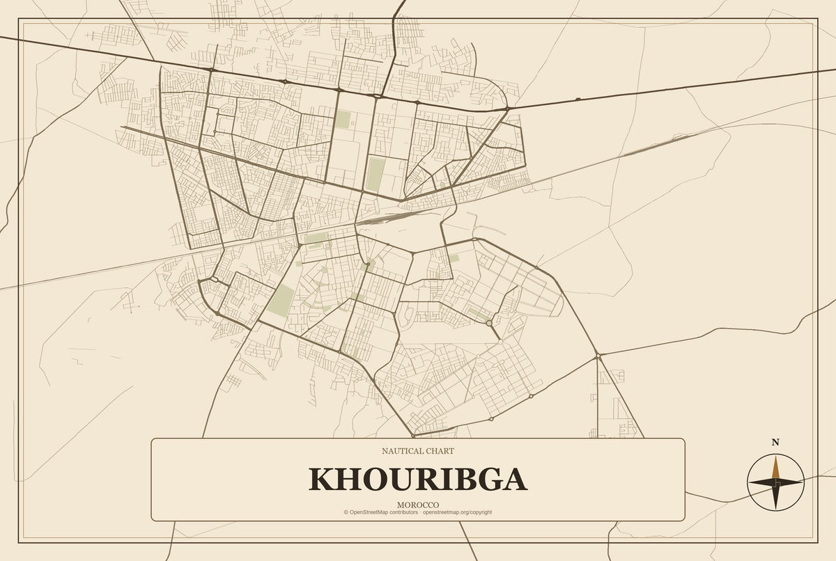 Khouribga, Morocco City Map Aluminum Sign in Heritage Nautical style
