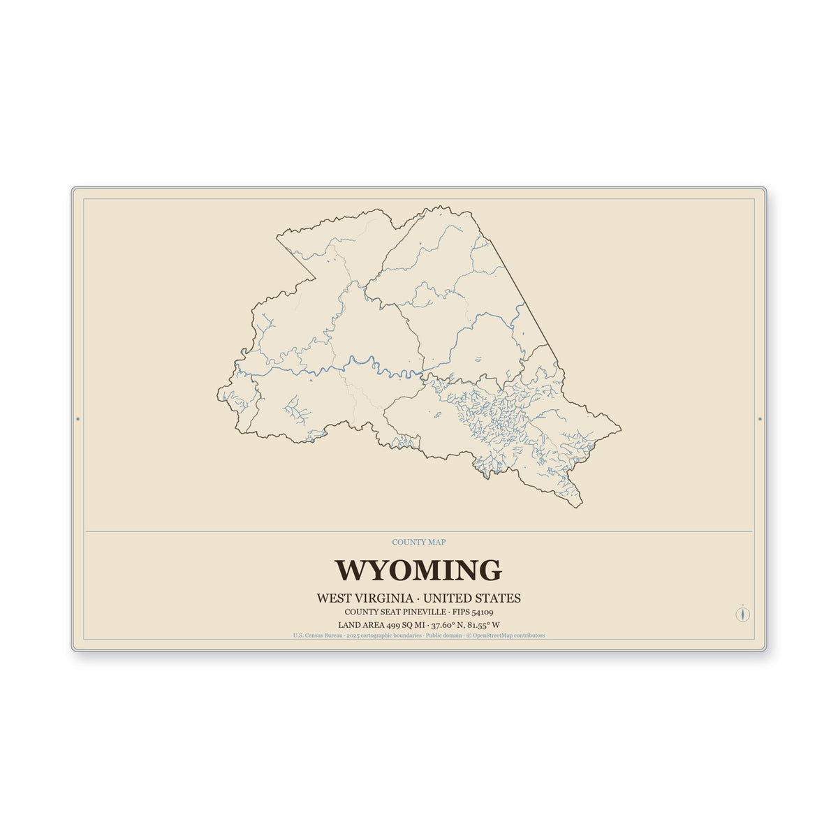 Wyoming County, West Virginia Map Aluminum Sign in Heritage Nautical style