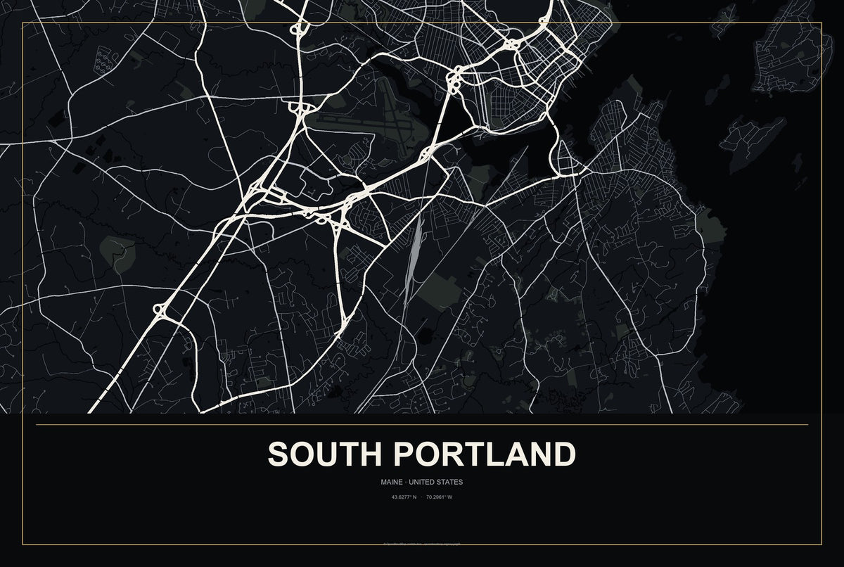 South Portland, Maine City Map Aluminum Sign in Metropolitan Noir style