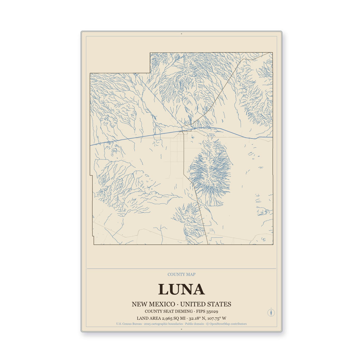 Luna County, New Mexico Map Aluminum Sign in Heritage Nautical style