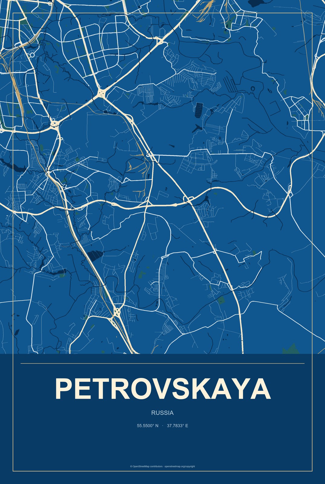 Petrovskaya, Moscow Oblast, Russia City Map Aluminum Sign in Harbor Cobalt style