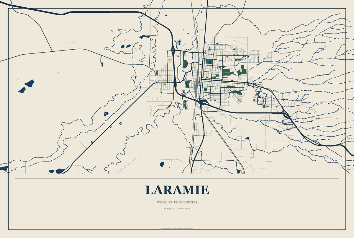 Laramie, Wyoming City Map Aluminum Sign in Coastal Cutout style