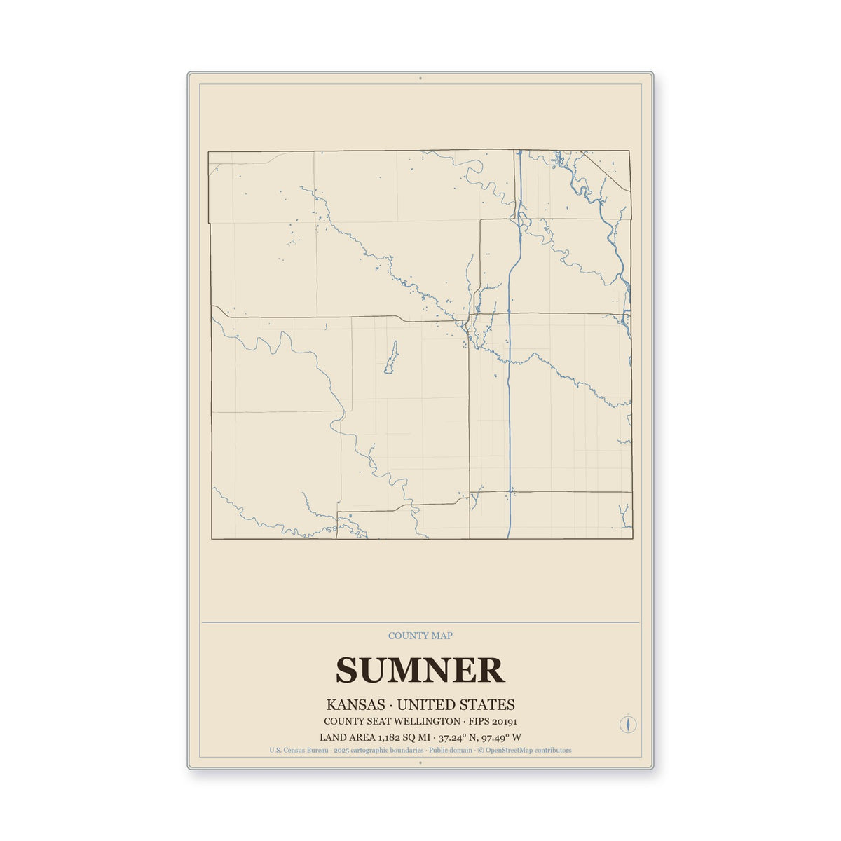 Sumner County, Kansas Map Aluminum Sign in Heritage Nautical style