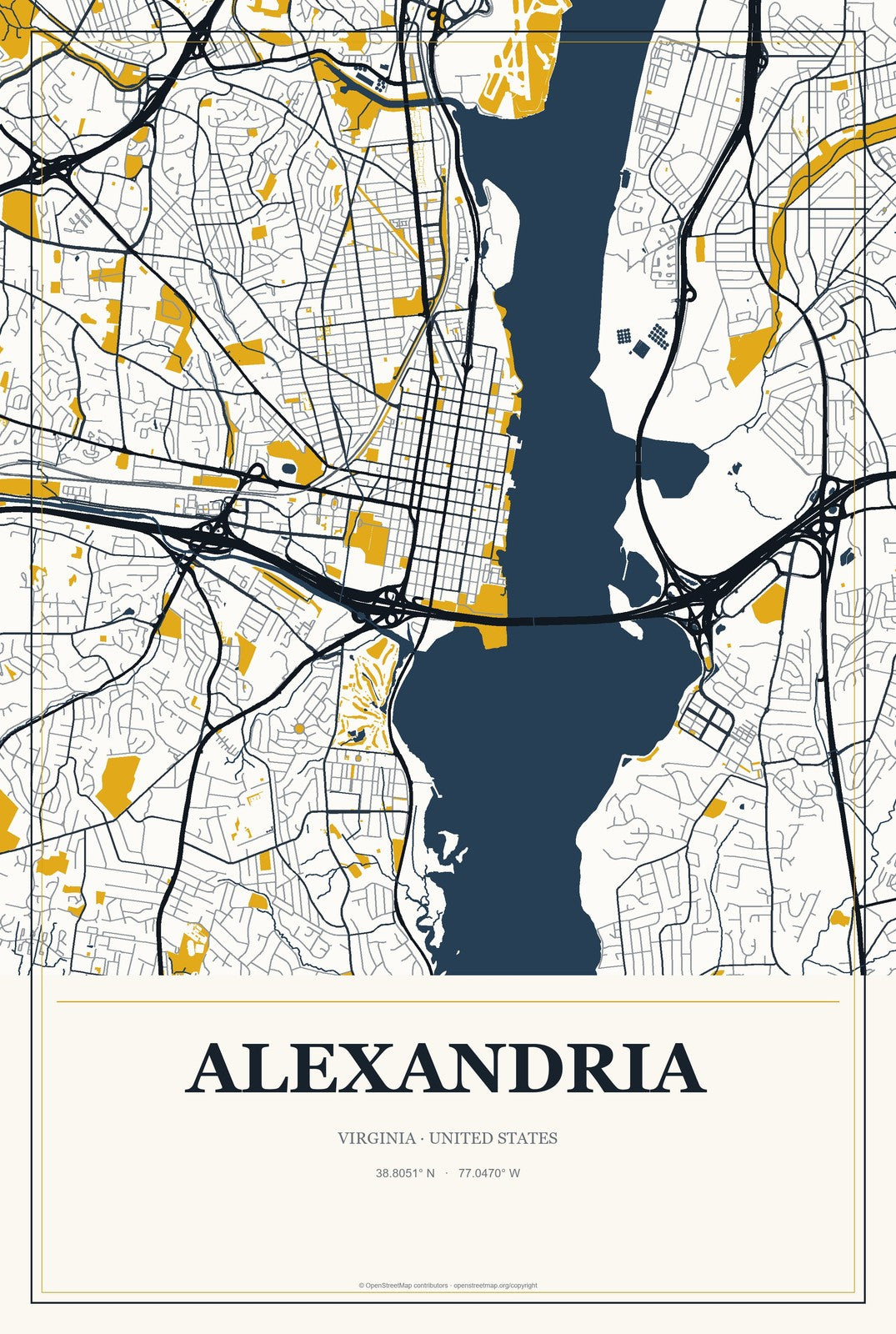 Alexandria, Virginia City Map Aluminum Sign in Citrine Modern style