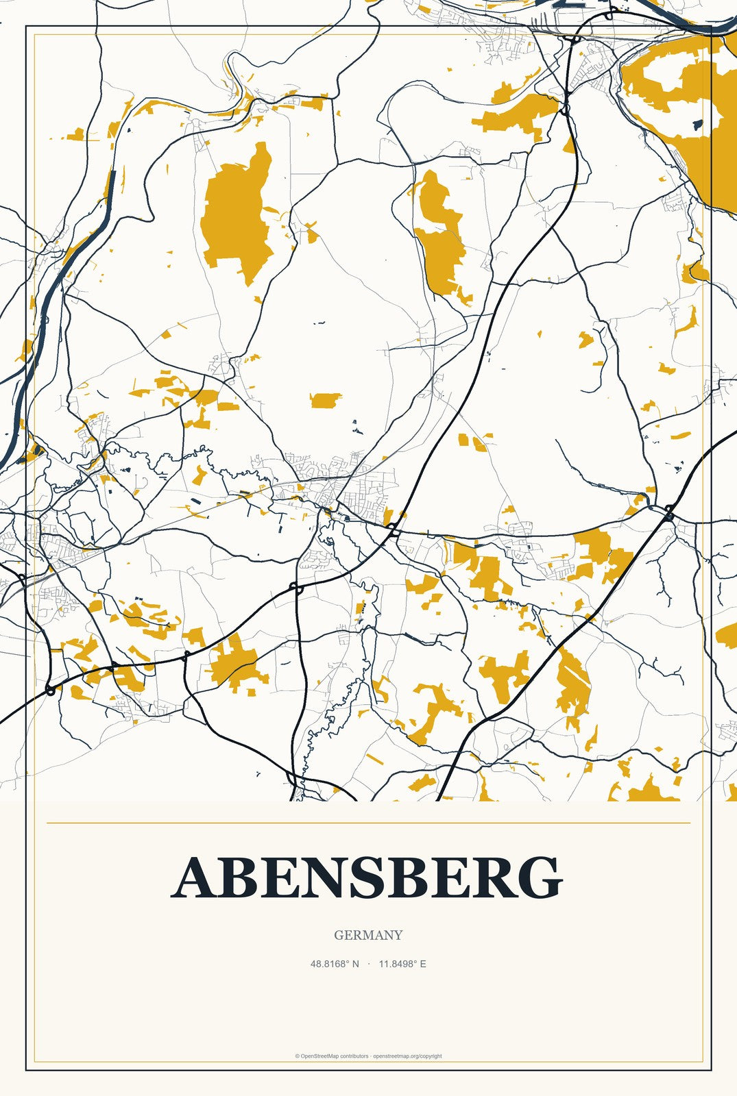 Abensberg, Germany City Map Aluminum Sign in Citrine Modern style