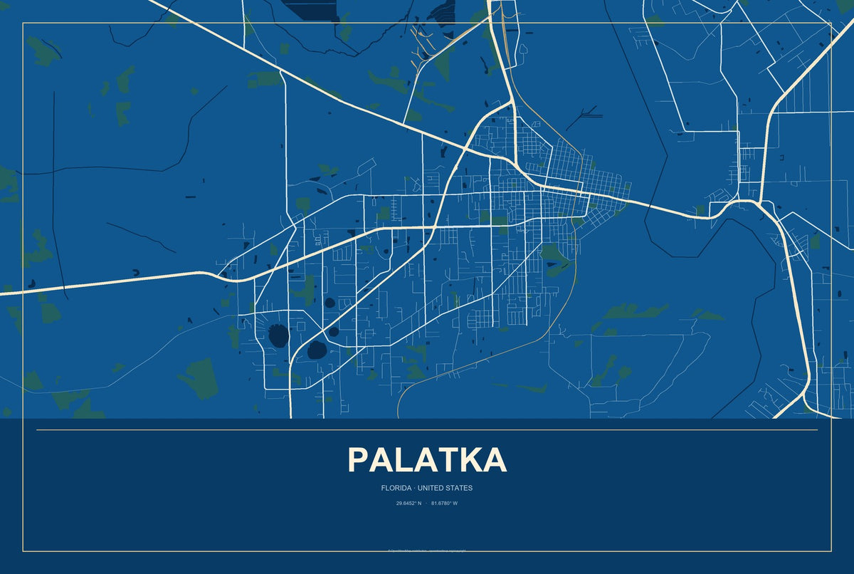 Palatka, Florida City Map Aluminum Sign in Harbor Cobalt style