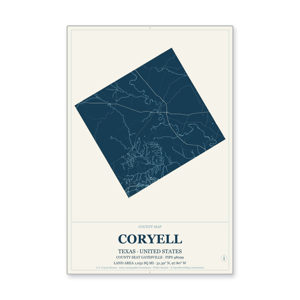 Coryell County, Texas Map Aluminum Sign in Coastal Cutout style