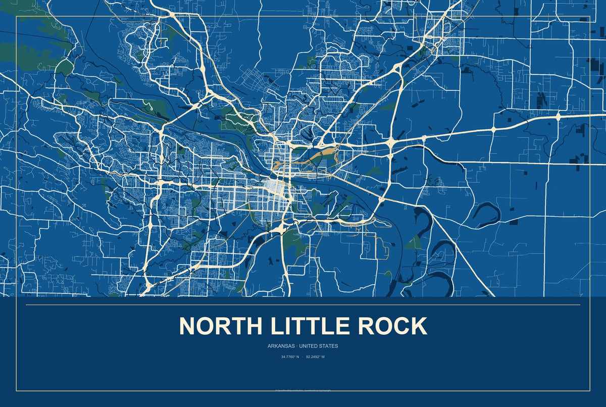North Little Rock, Arkansas City Map Aluminum Sign in Harbor Cobalt style