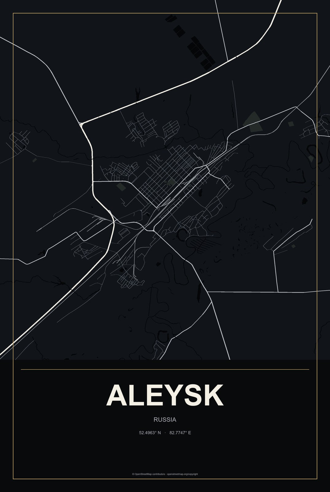 Aleysk, Russia City Map Aluminum Sign in Metropolitan Noir style