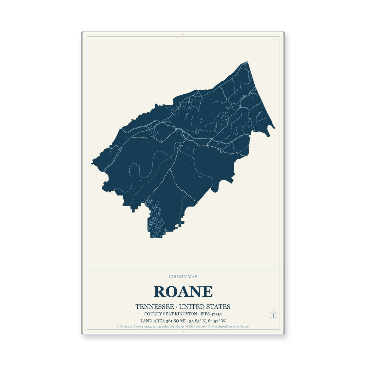 Roane County, Tennessee Map Aluminum Sign in Coastal Cutout style