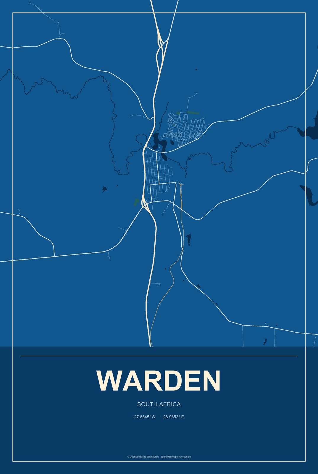 Warden, South Africa City Map Aluminum Sign in Harbor Cobalt style