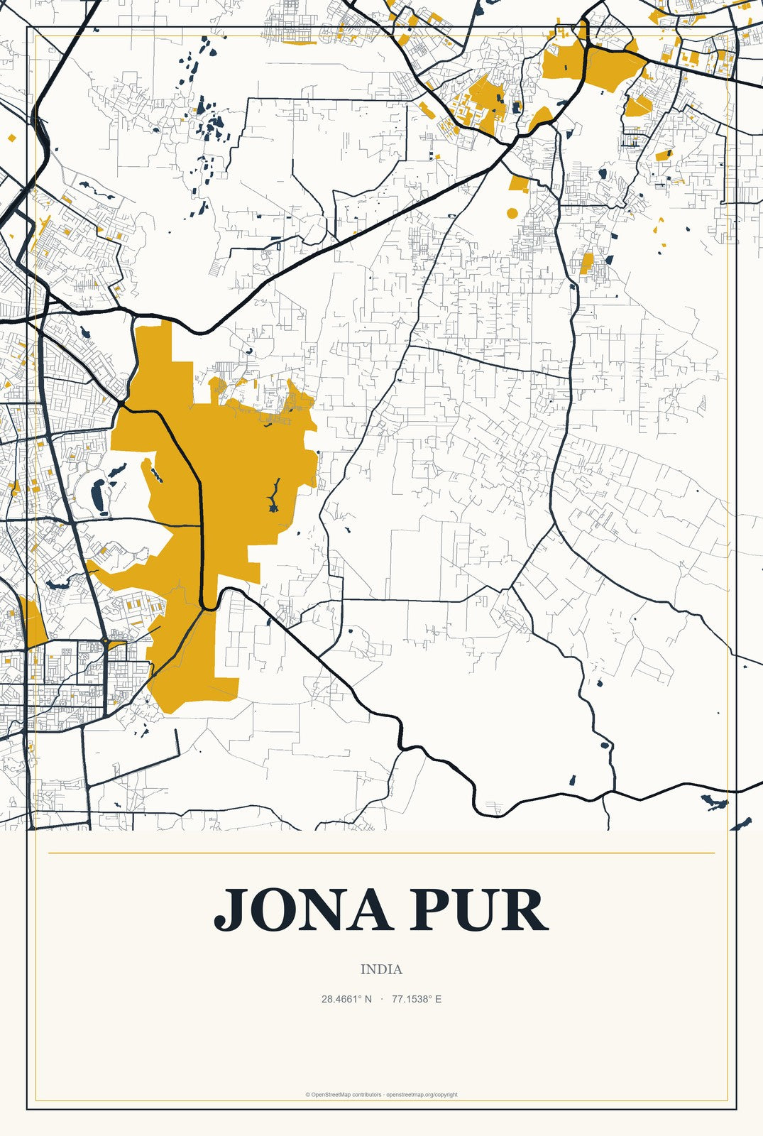 Jona Pur, India City Map Aluminum Sign in Citrine Modern style