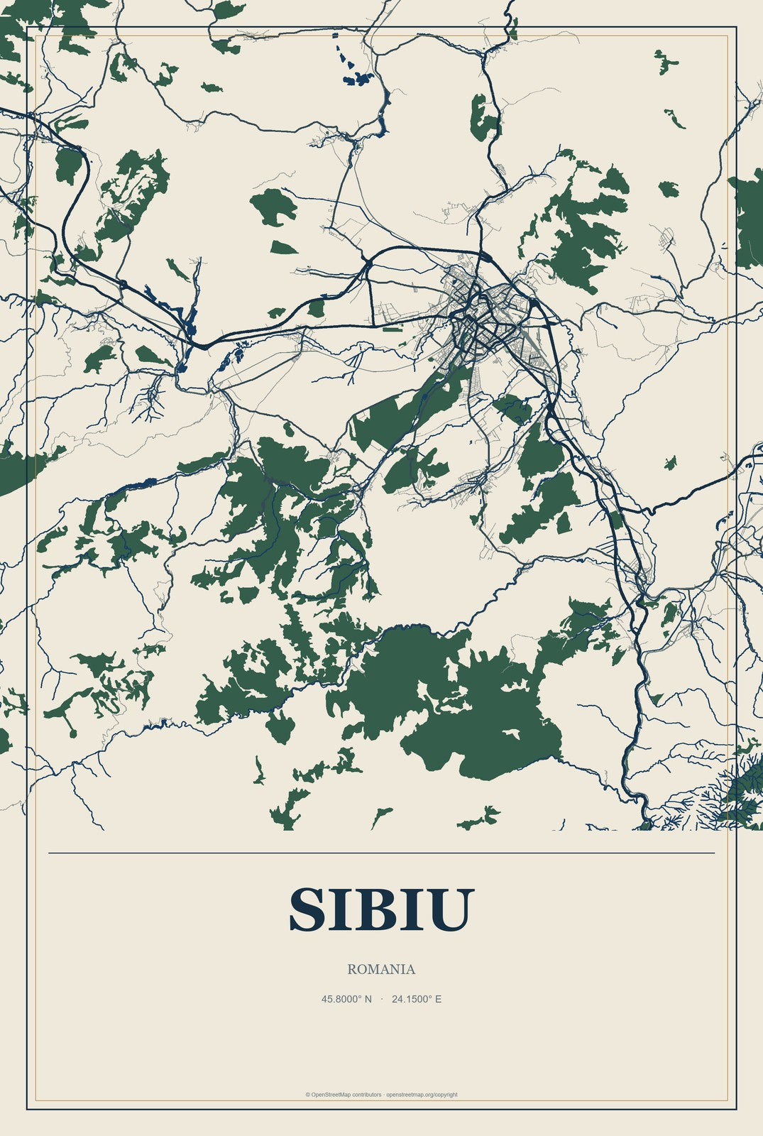 Sibiu, Romania City Map Aluminum Sign in Coastal Cutout style