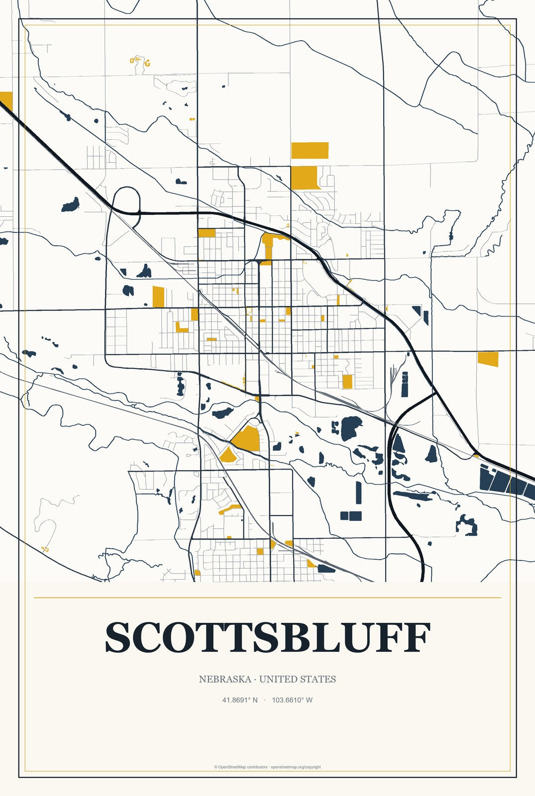 Scottsbluff, Nebraska City Map Aluminum Sign in Citrine Modern style