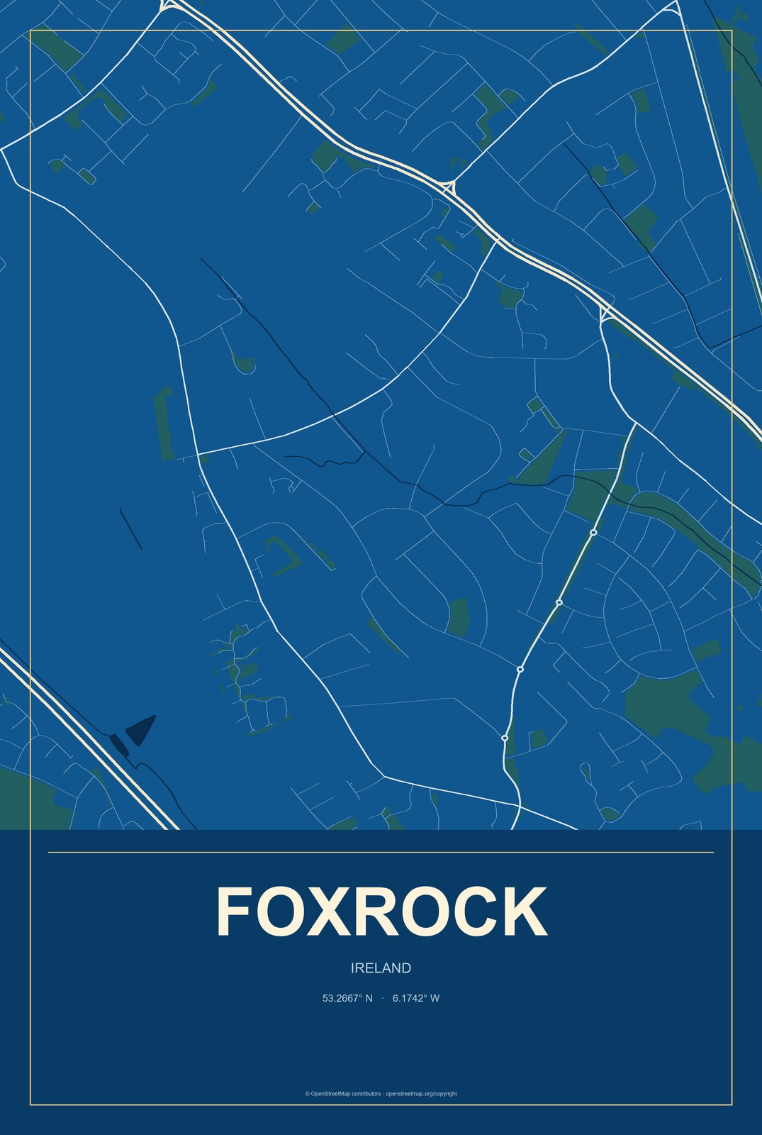 Foxrock, Ireland City Map Aluminum Sign in Harbor Cobalt style