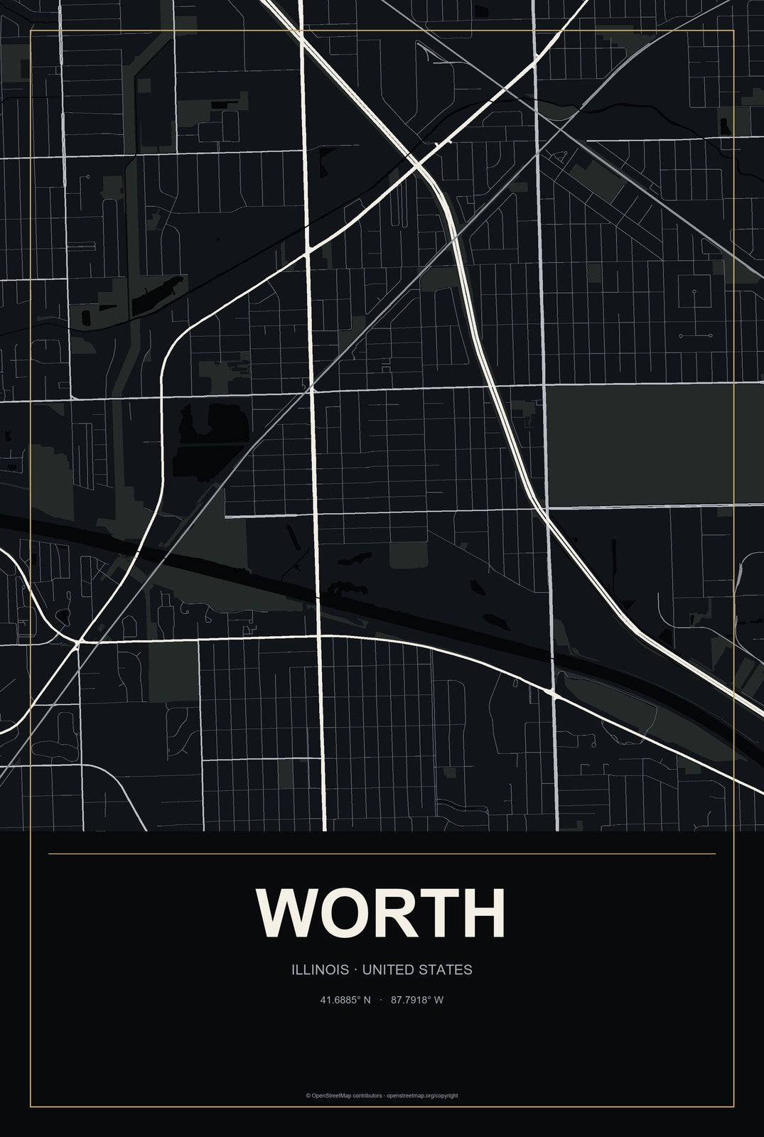 Worth, Illinois City Map Aluminum Sign in Metropolitan Noir style