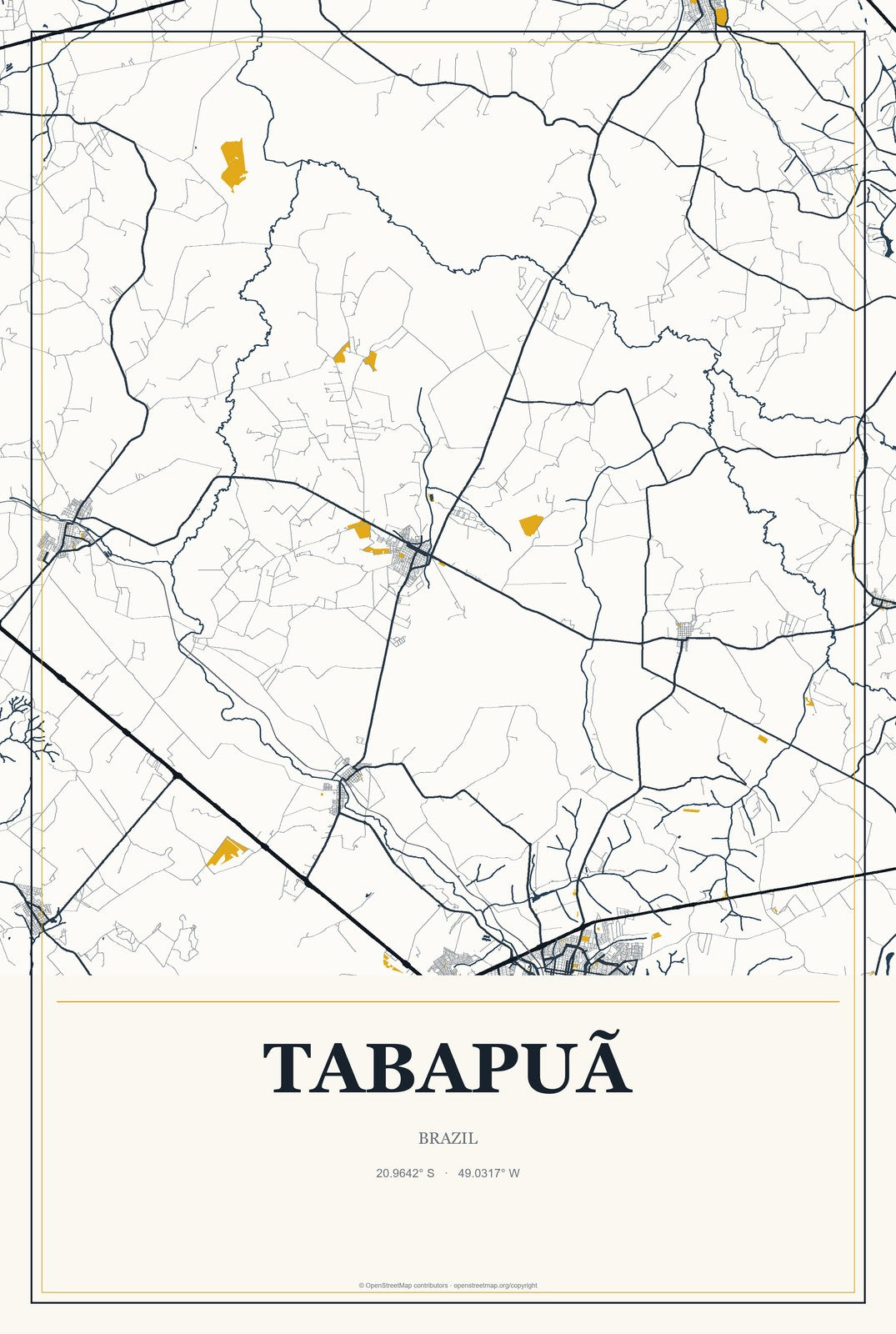 Tabapuã, Brazil City Map Aluminum Sign in Citrine Modern style