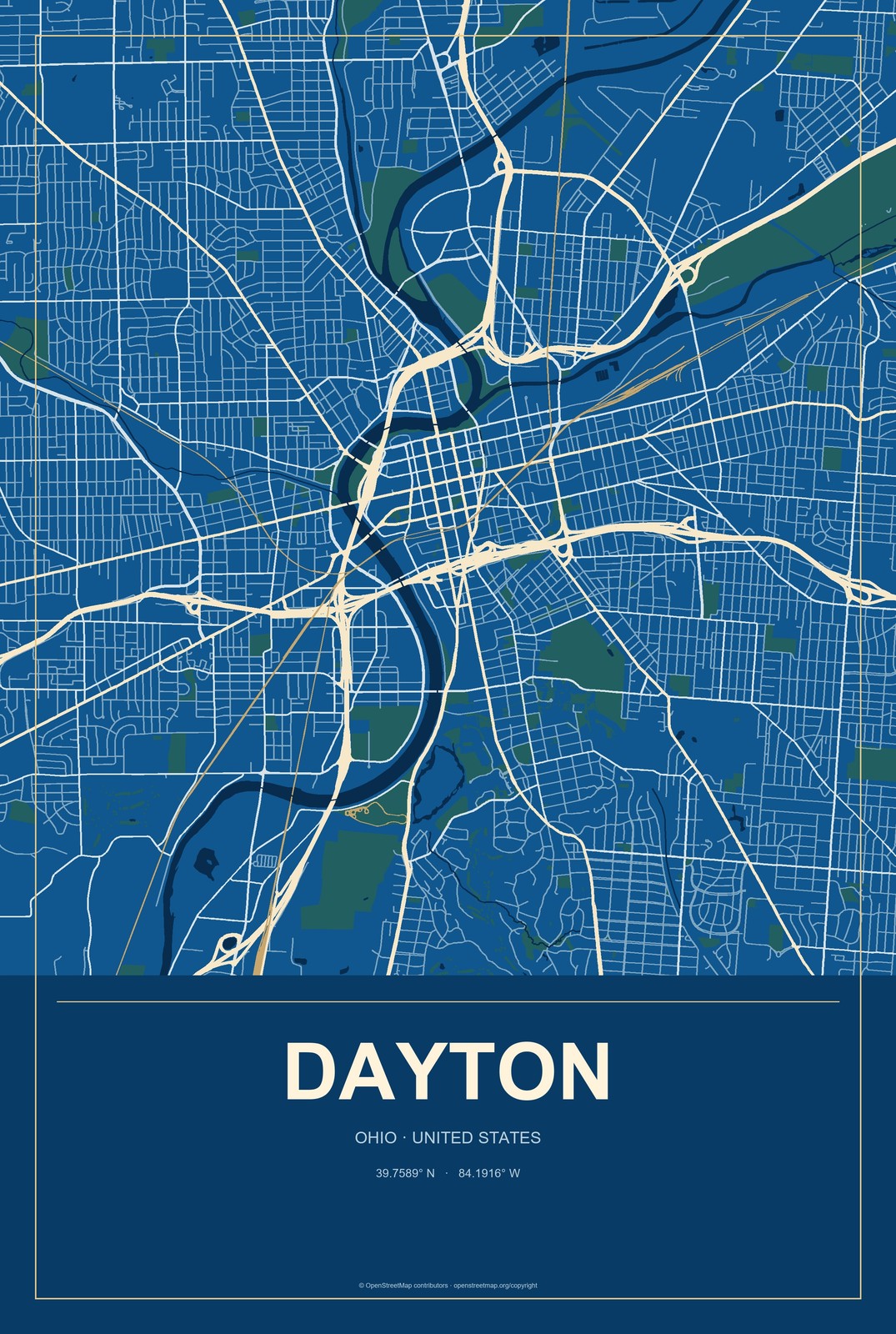Dayton, Ohio City Map Aluminum Sign in Harbor Cobalt style