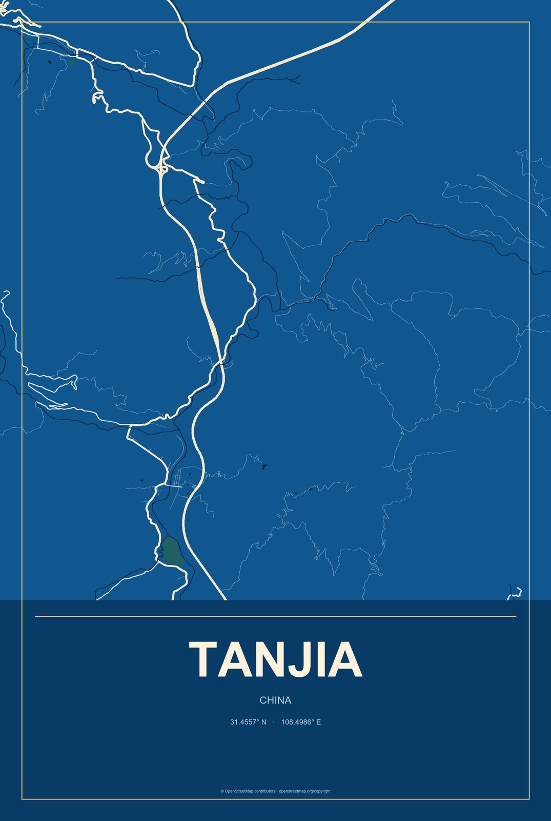 Tanjia, China City Map Aluminum Sign in Harbor Cobalt style