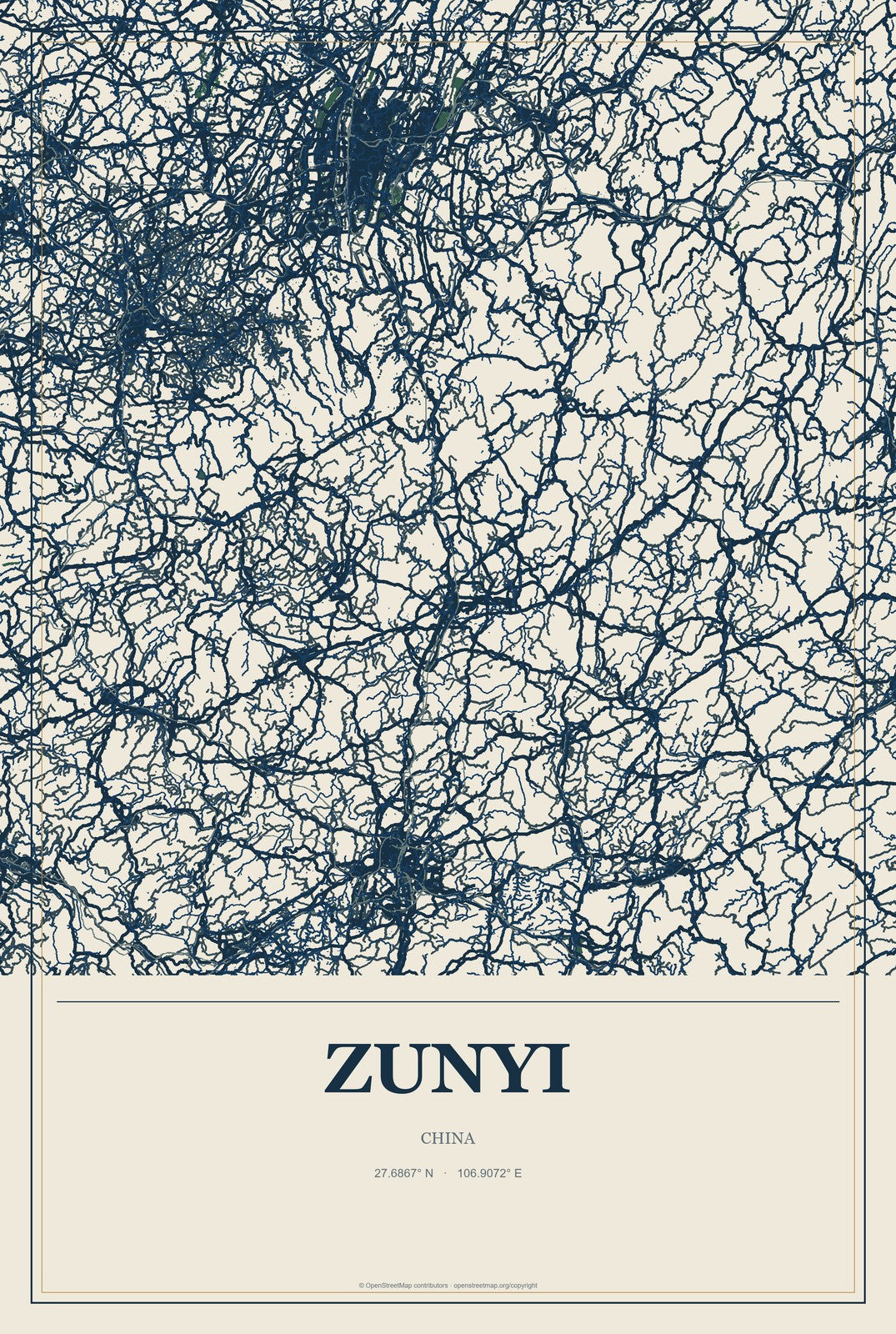 Zunyi, China City Map Aluminum Sign in Coastal Cutout style