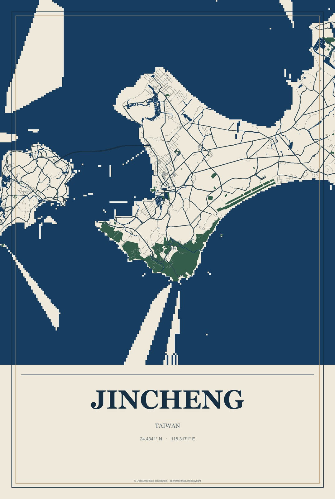 Jincheng, Taiwan City Map Aluminum Sign in Coastal Cutout style