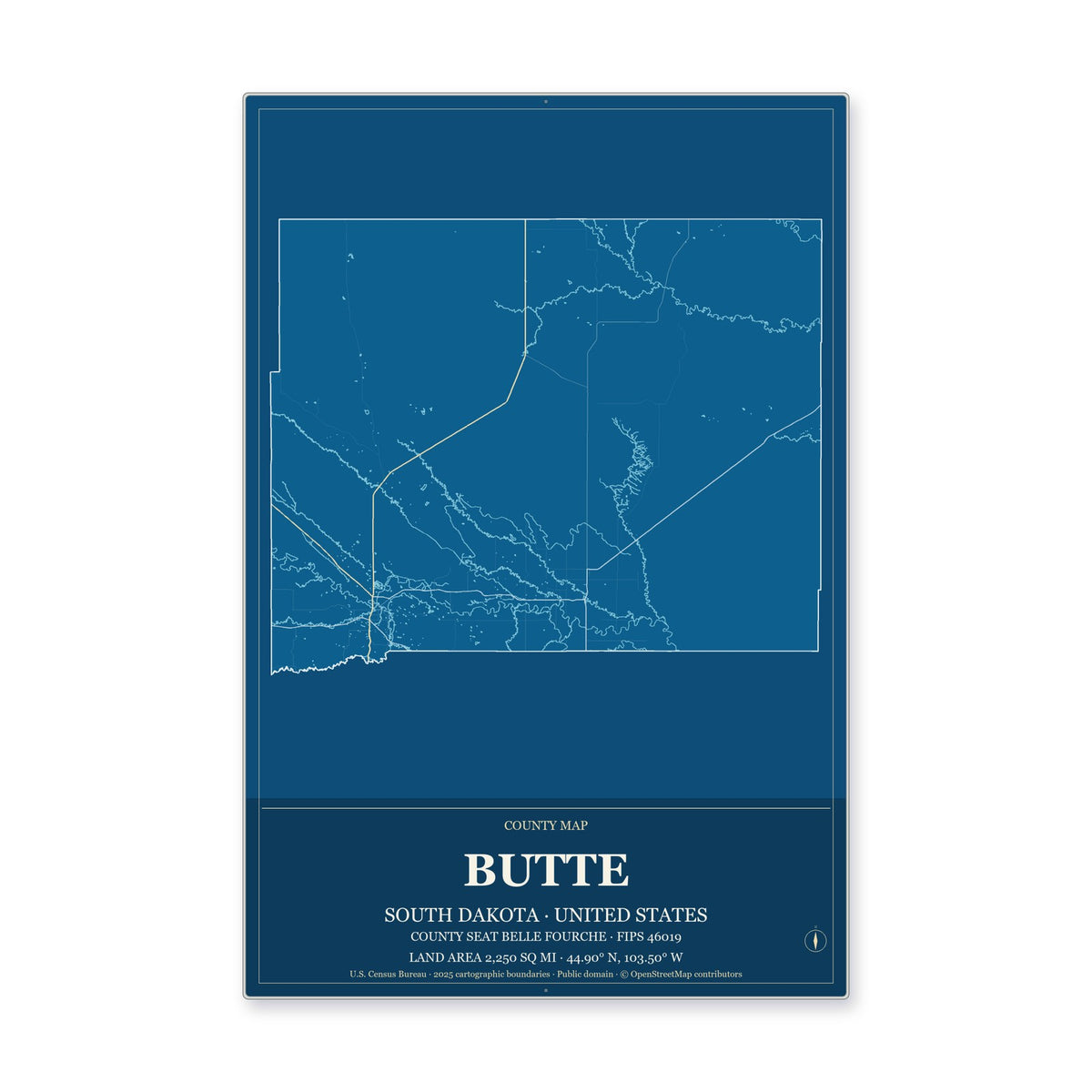 Butte County, South Dakota Map Aluminum Sign in Harbor Cobalt style