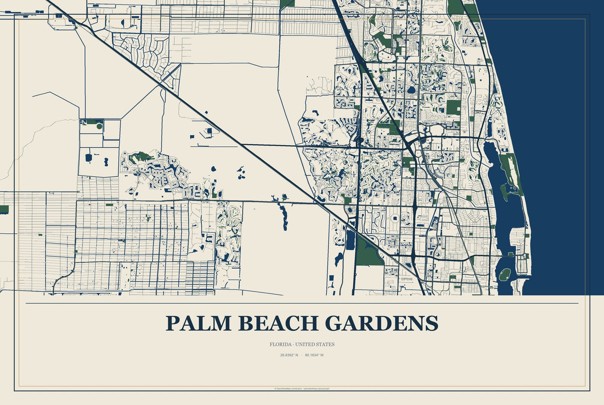 Palm Beach Gardens, Florida City Map Aluminum Sign in Coastal Cutout style