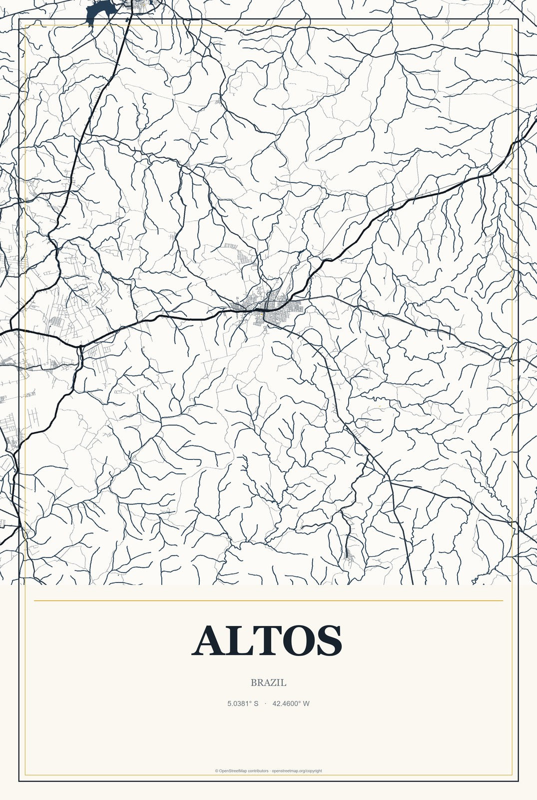 Altos, Brazil City Map Aluminum Sign in Citrine Modern style