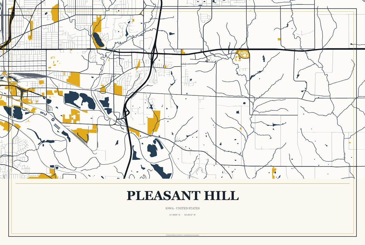 Pleasant Hill, Iowa City Map Aluminum Sign in Citrine Modern style