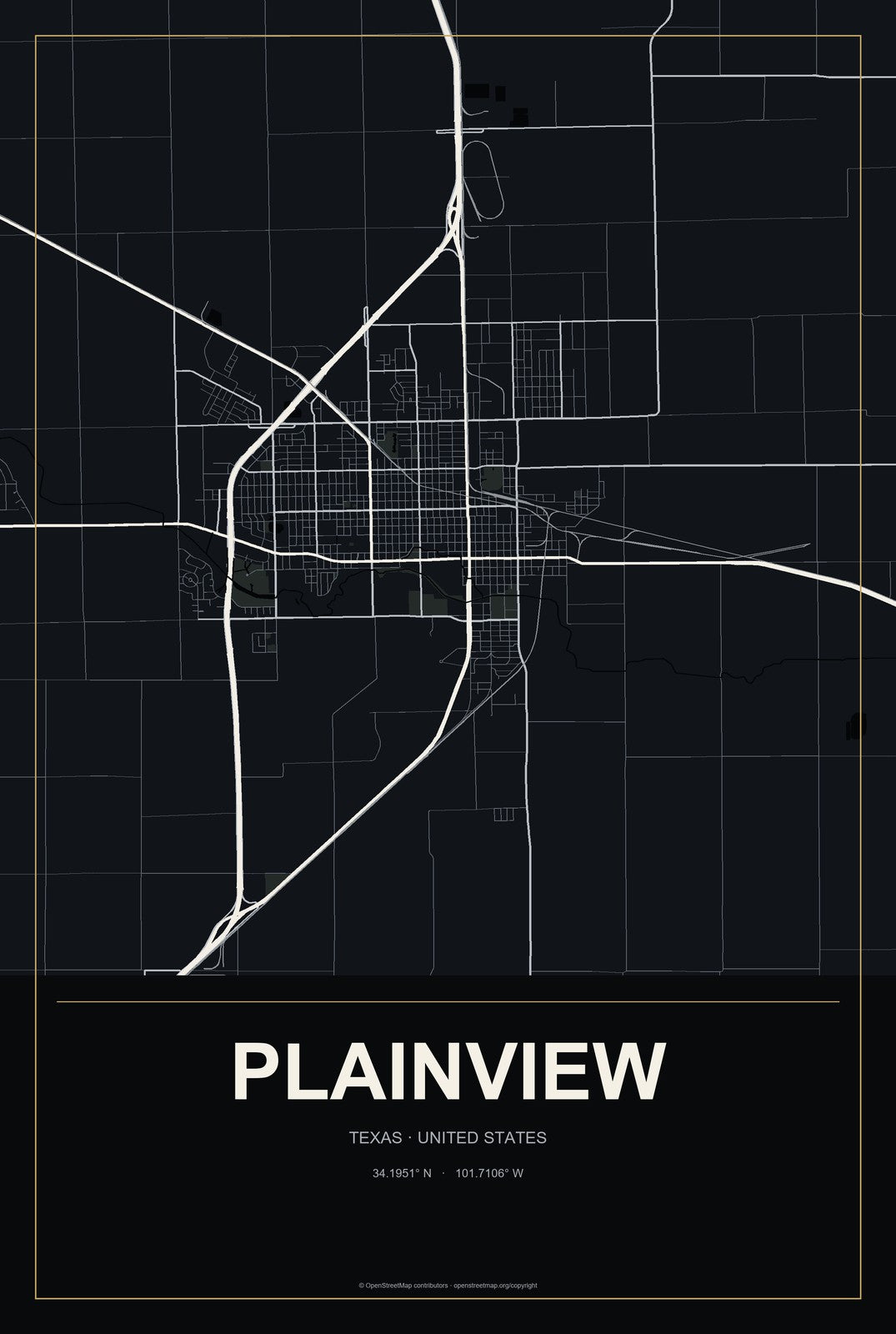 Plainview, Texas City Map Aluminum Sign in Metropolitan Noir style