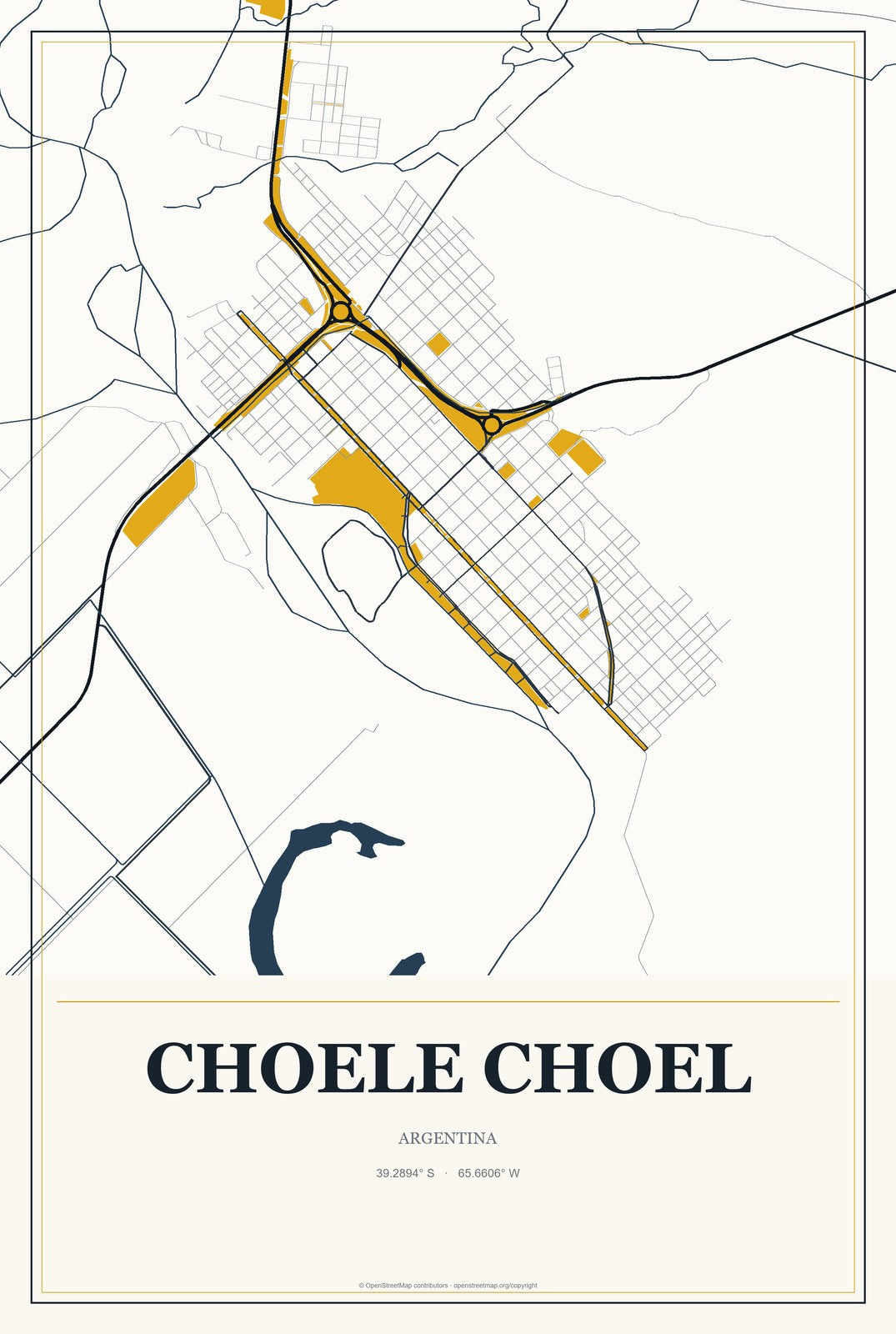Choele Choel, Argentina City Map Aluminum Sign in Citrine Modern style