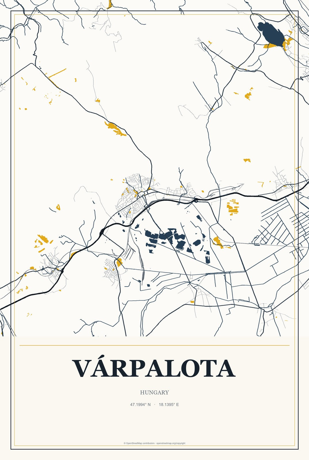 Várpalota, Hungary City Map Aluminum Sign in Citrine Modern style