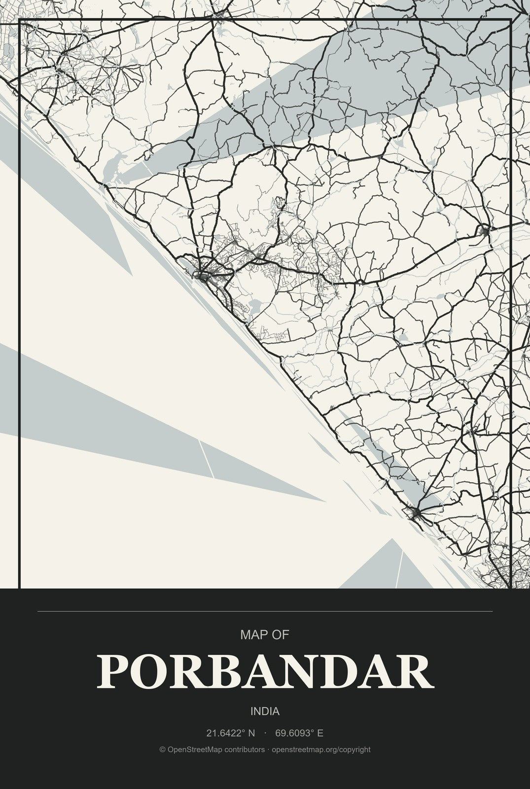 Porbandar, India City Map Aluminum Sign in Museum Plaque style