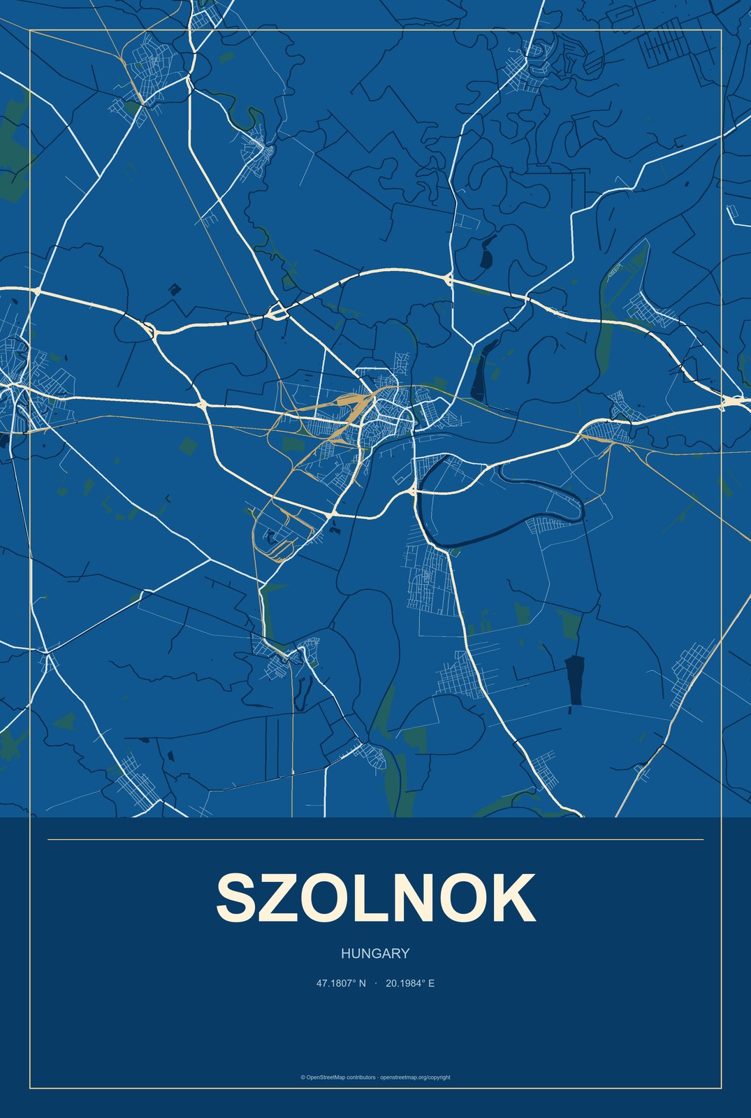 Szolnok, Hungary City Map Aluminum Sign in Harbor Cobalt style