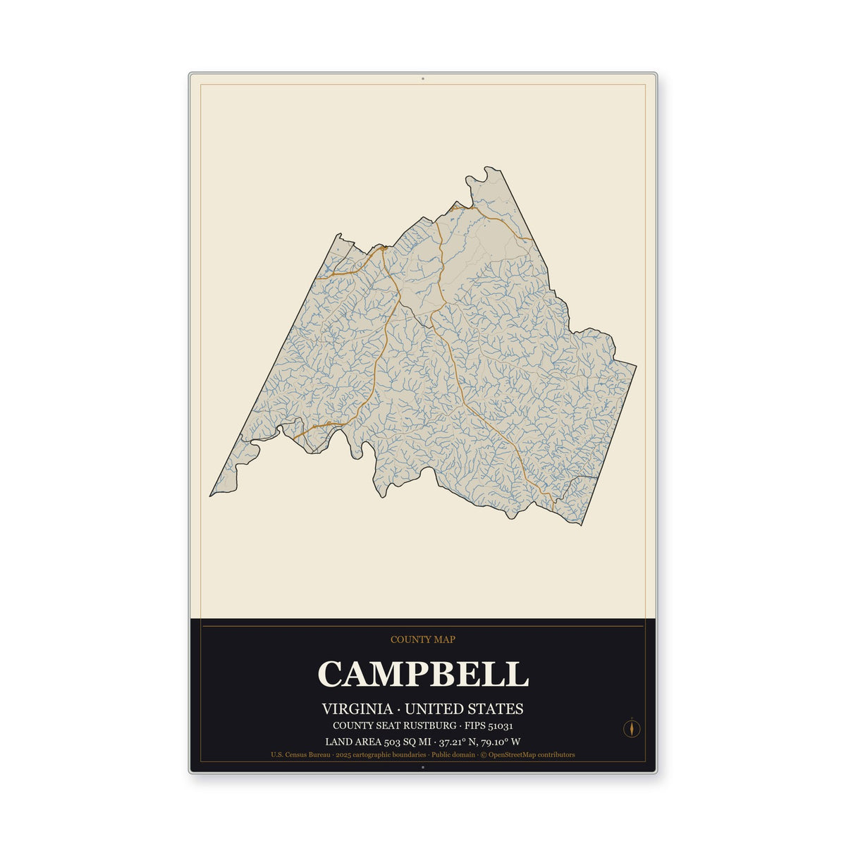 Campbell County, Virginia Map Aluminum Sign in Museum Plaque style